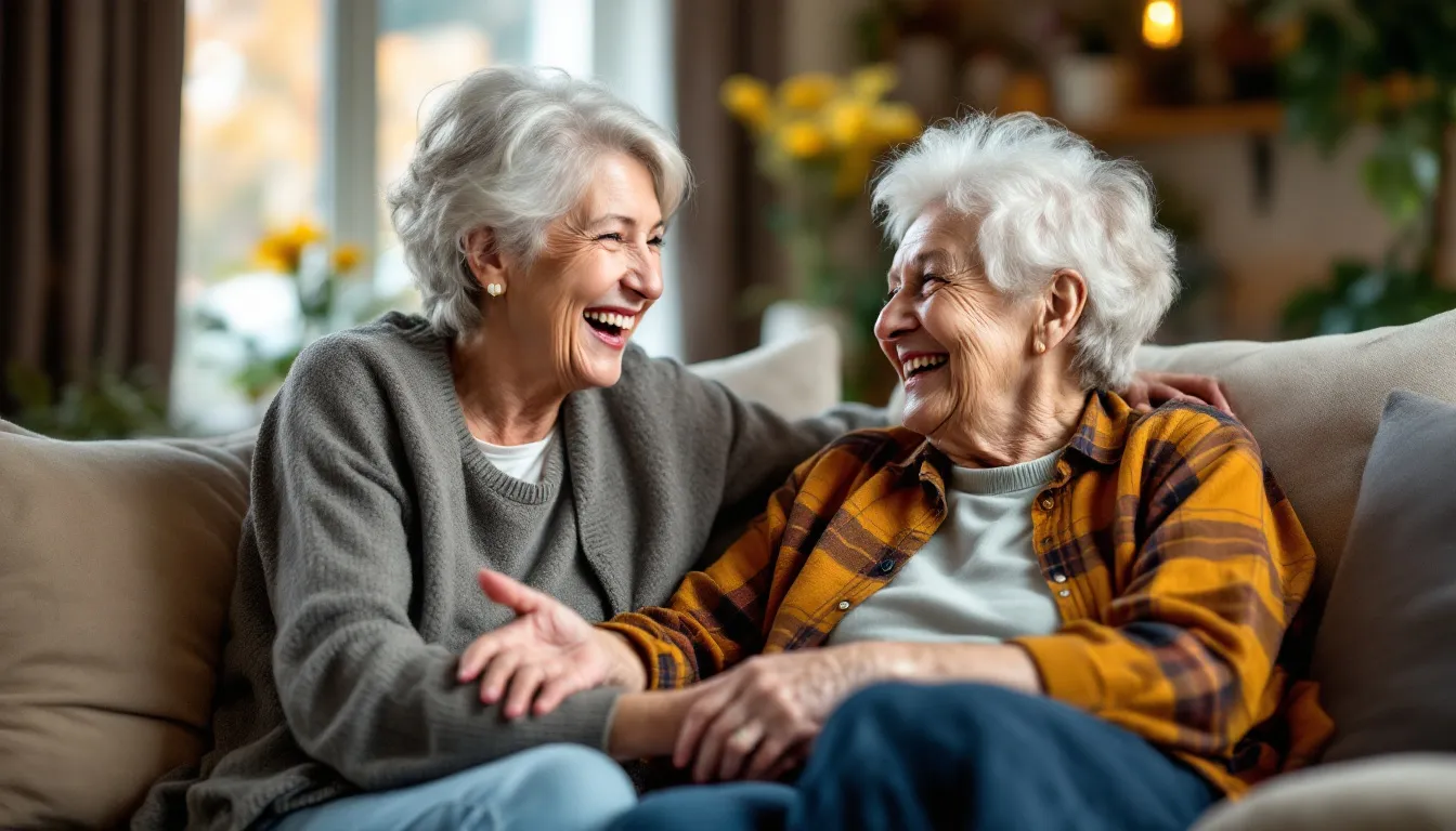 Cuidadora y mujer mayor riendo juntas en el sofá de casa
